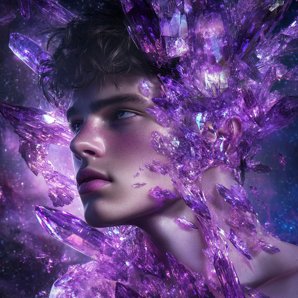 Crystalline young man with galaxy background, realistic and detailed.