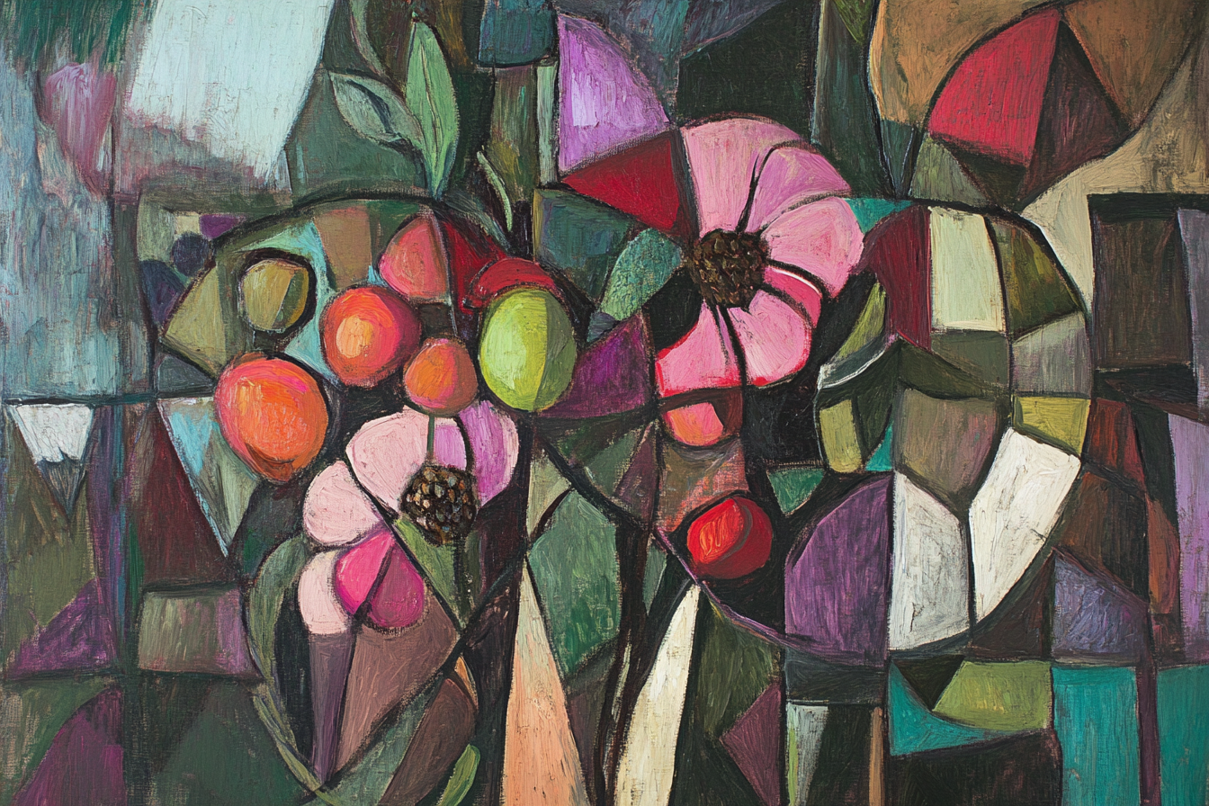 Cubist painting of flowers and fruits in Picasso style.