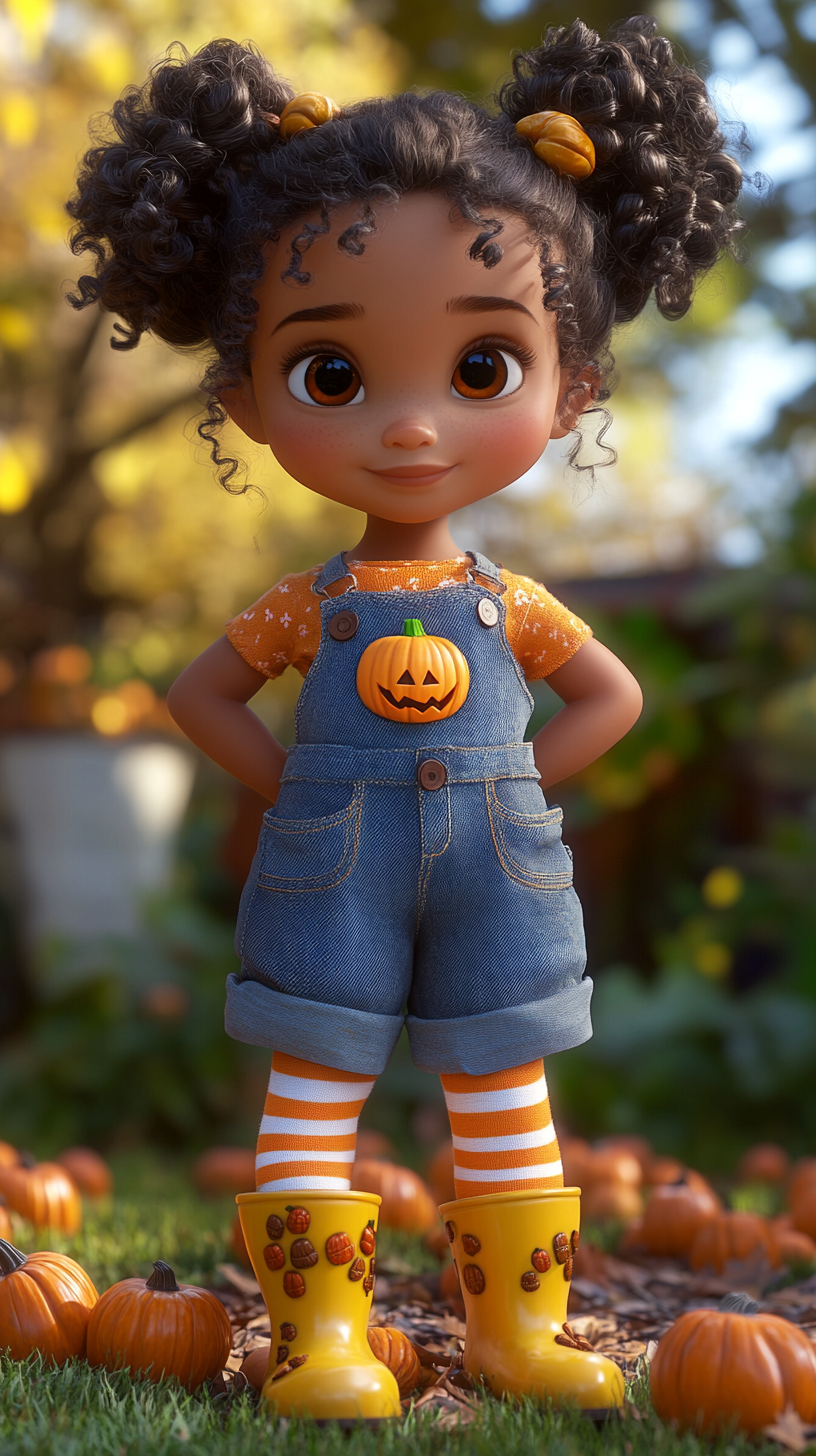 Cuite lite brown skin girl in pumpkin patch outfit.