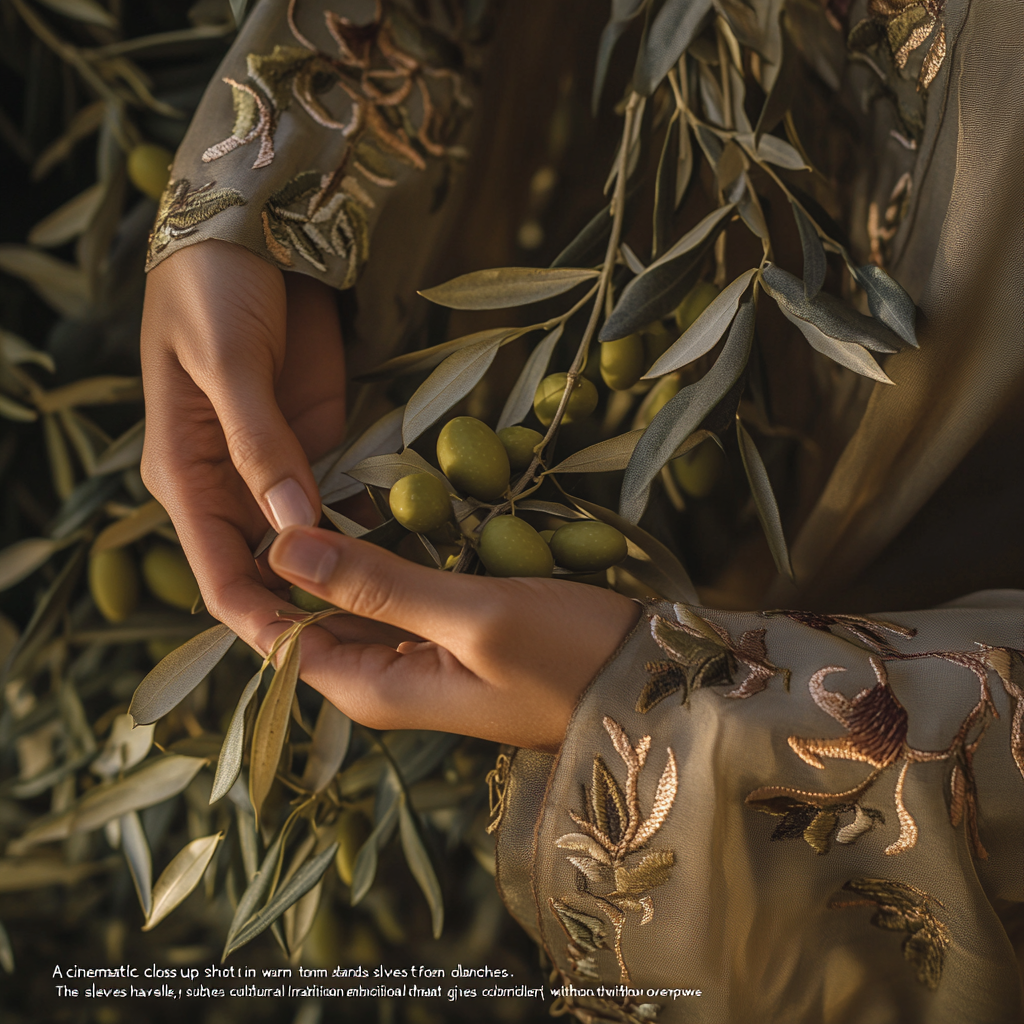 Cultural hands harvest green olives with embroidery detail