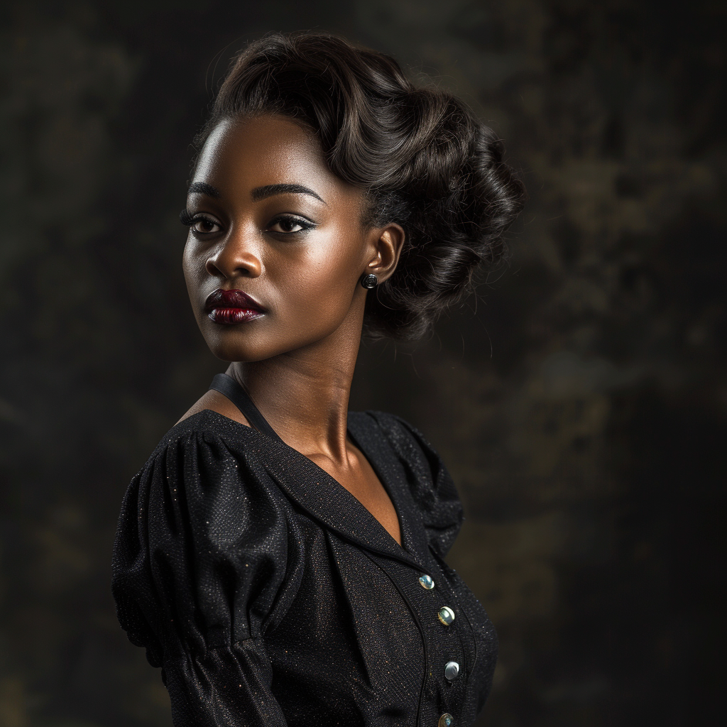 Curious African woman in black 1940s dress.