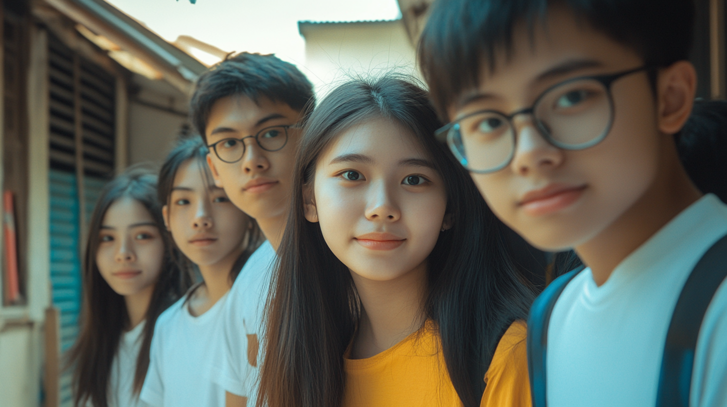 Curious Asian kids in front yard looking at camera