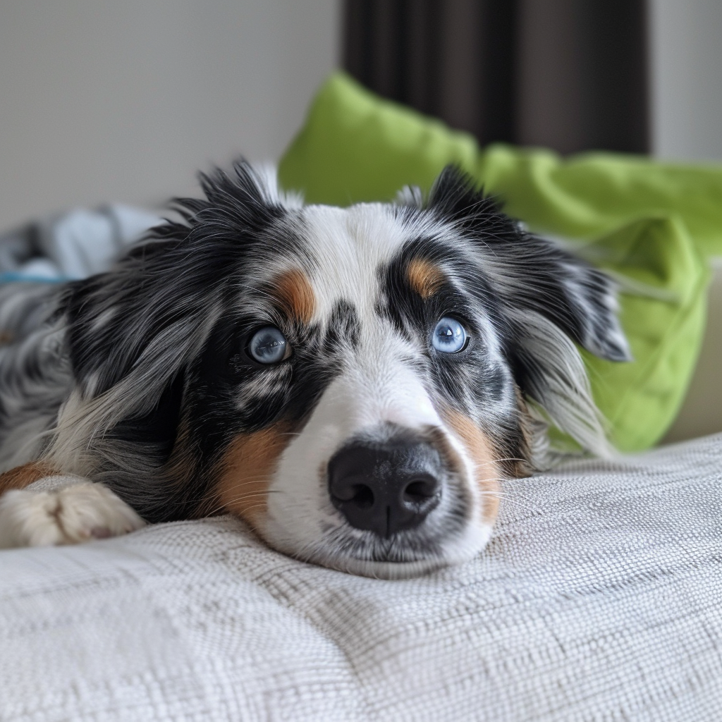 Curious Australian Shepherd dog on white sofa with green pillow.