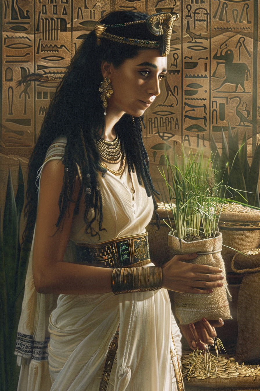 Curious ancient Egyptian woman with jewelry and white dress.