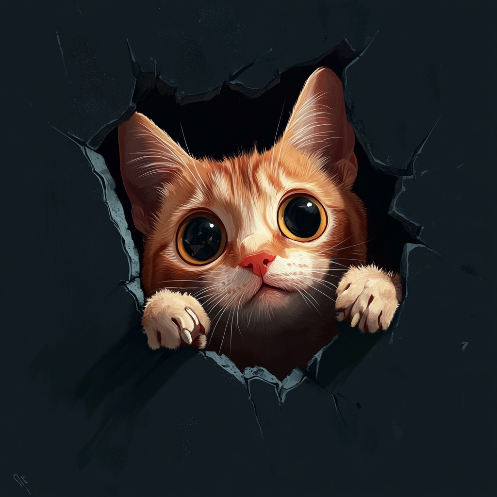 Curious cat peeks through torn hole, playful expression