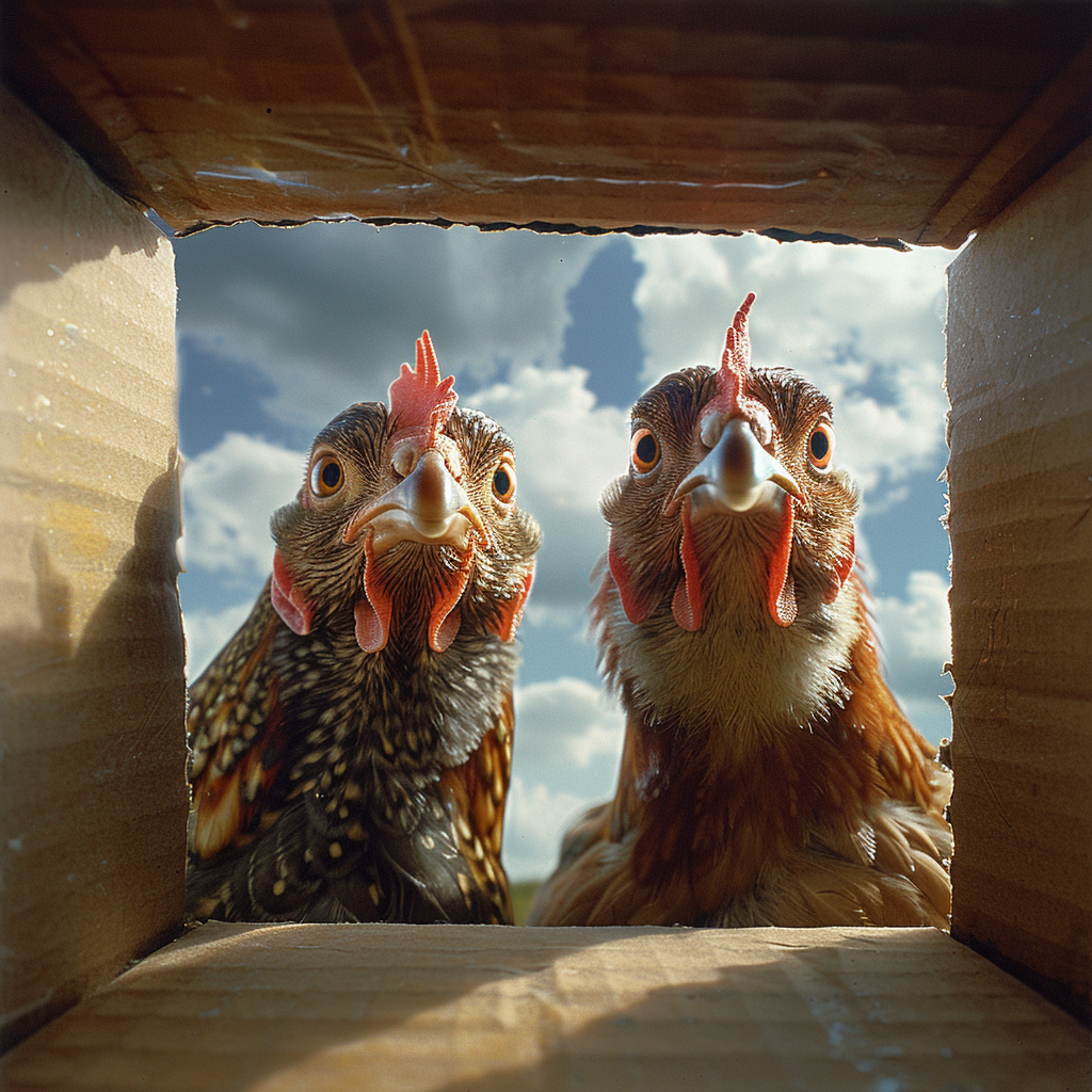 Curious chickens peek into box with viewer inside