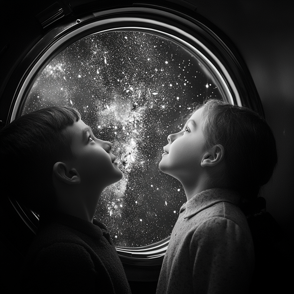 Curious children gaze at stars through spaceship window.