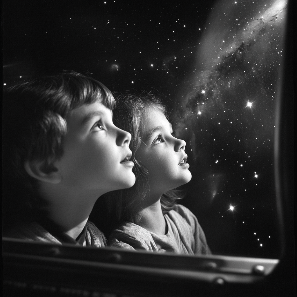 Curious children peer through window of spaceship.