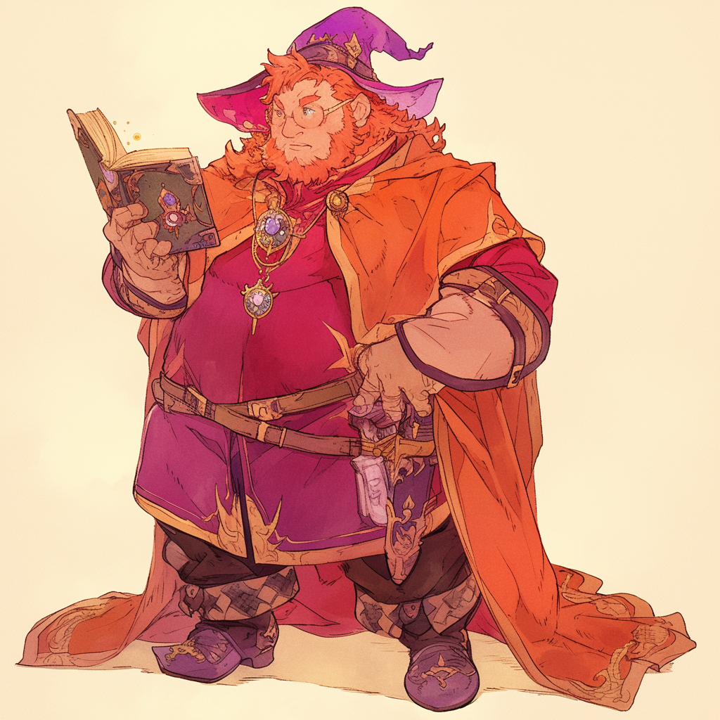 Curious dwarf wizard in colorful robes reads book