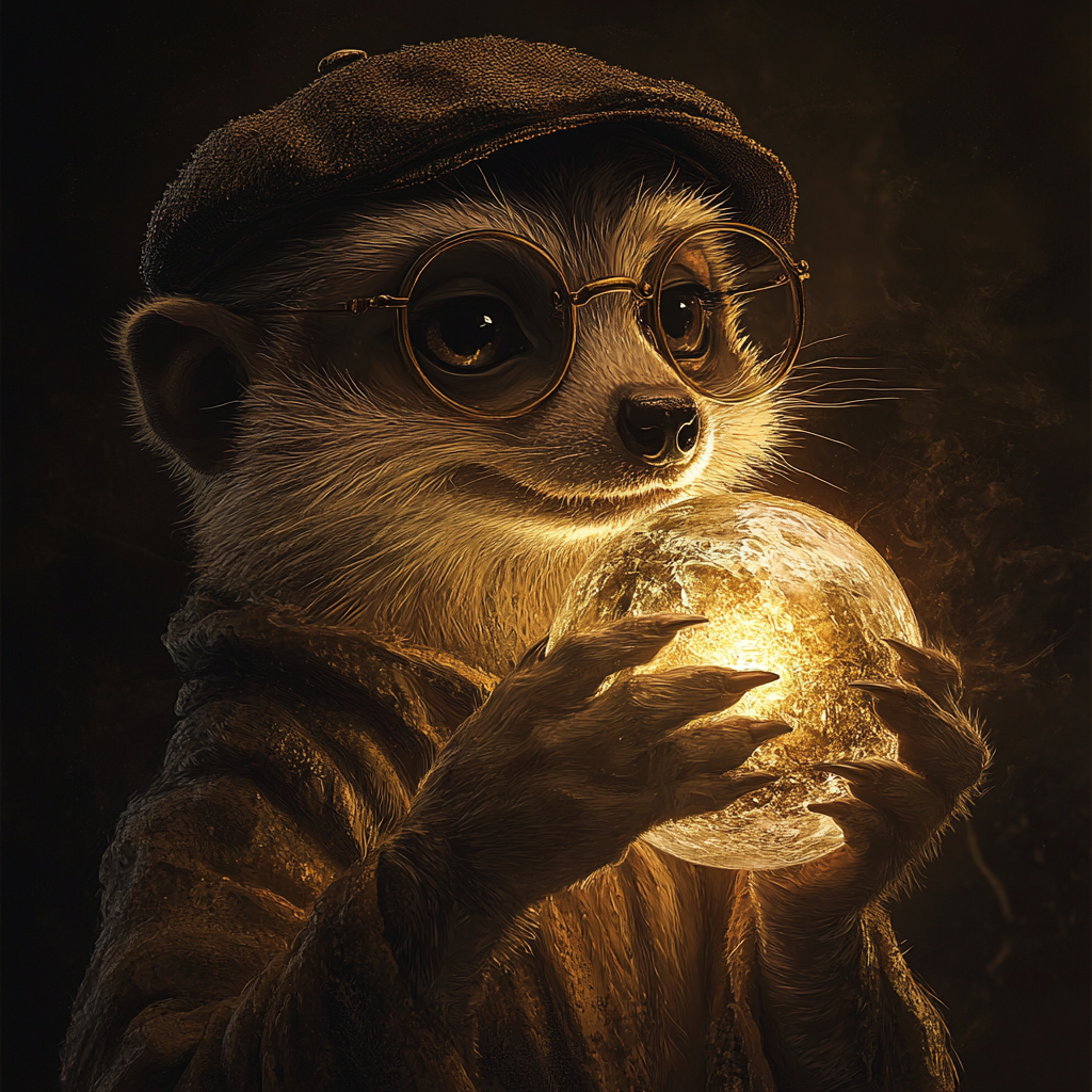 Curious meerkat with glasses holds magical orb