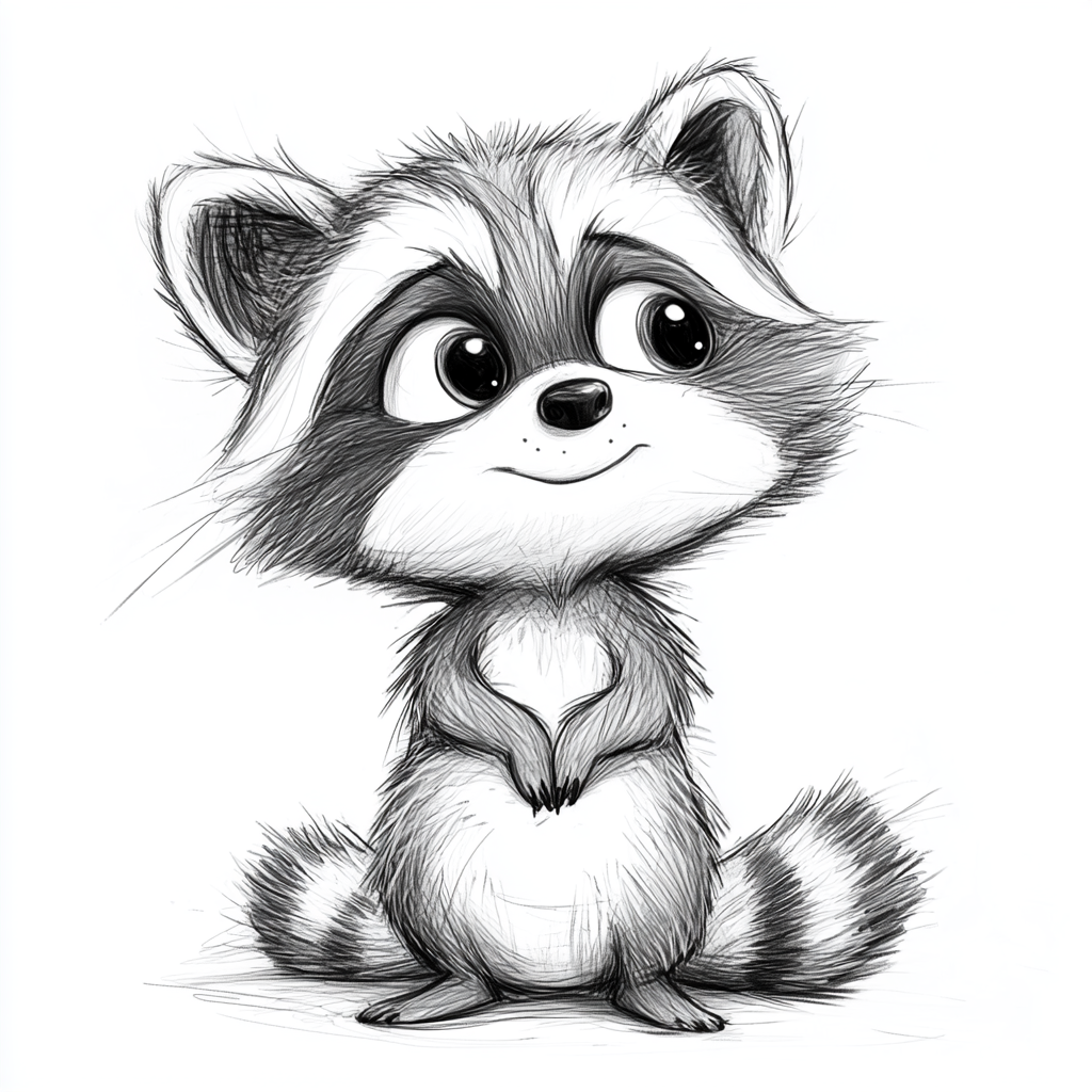 Curious raccoon in playful pose, hand-drawn style