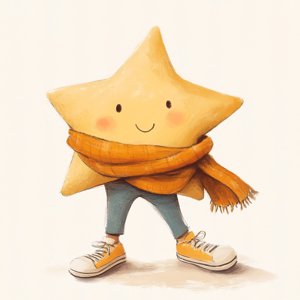 Curious star with scarf and sports shoes drawing.