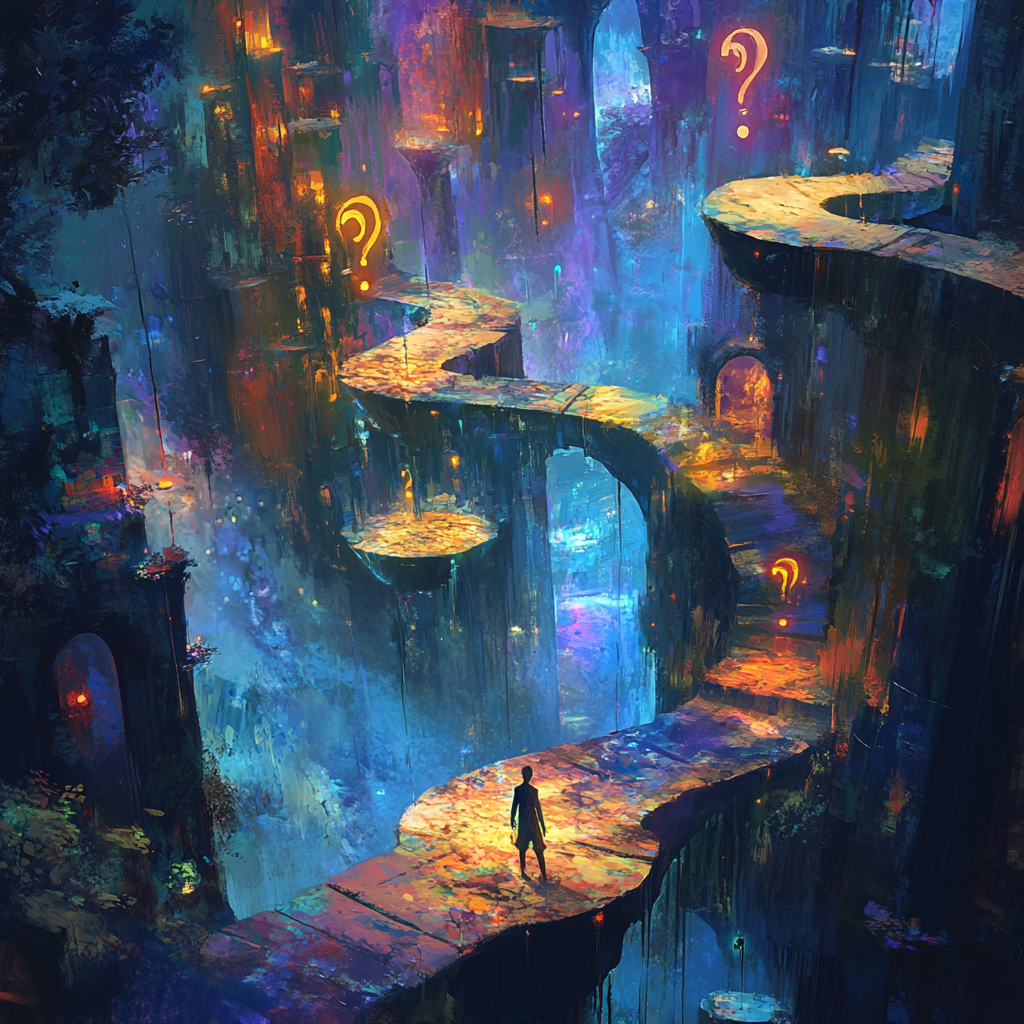 Curious symbols and pathways in a surreal, mystical scene.