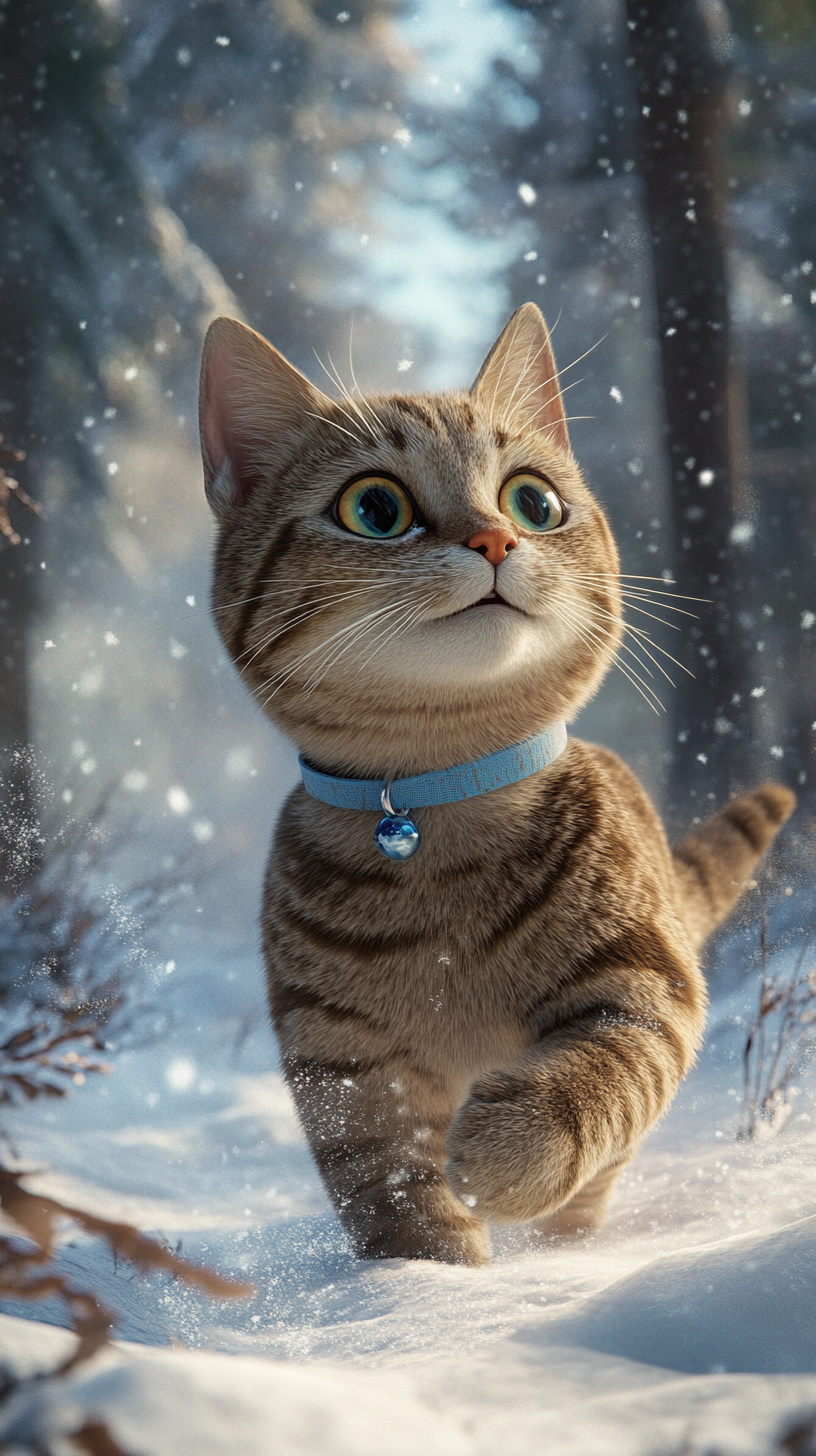 Curious tabby cat explores snowy forest adventure.