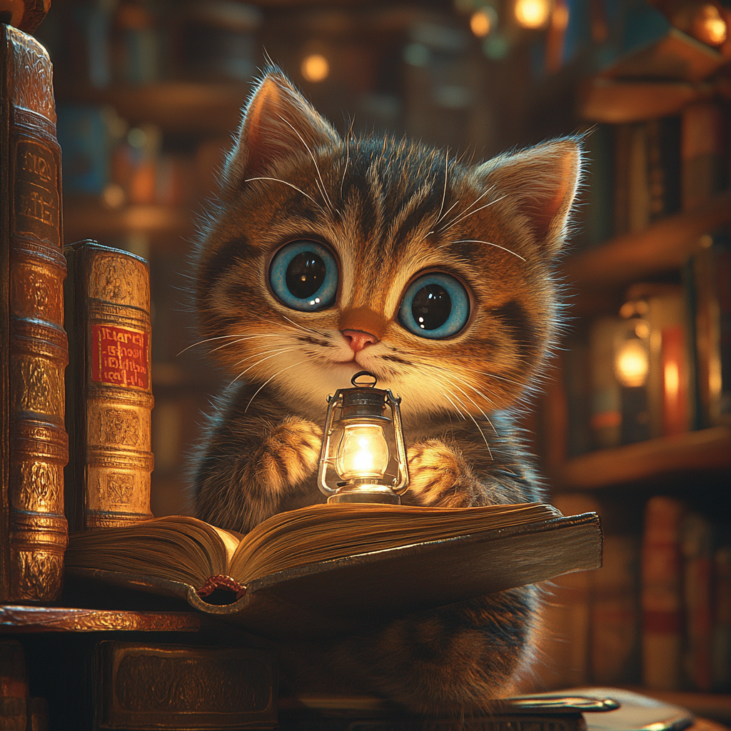 Curious tabby cat exploring ancient library at night