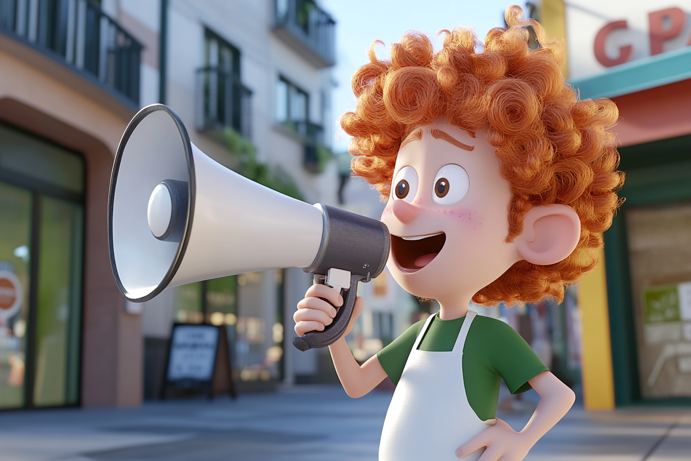 Curly Haired Cartoon Chef Calls Customers with Megaphone