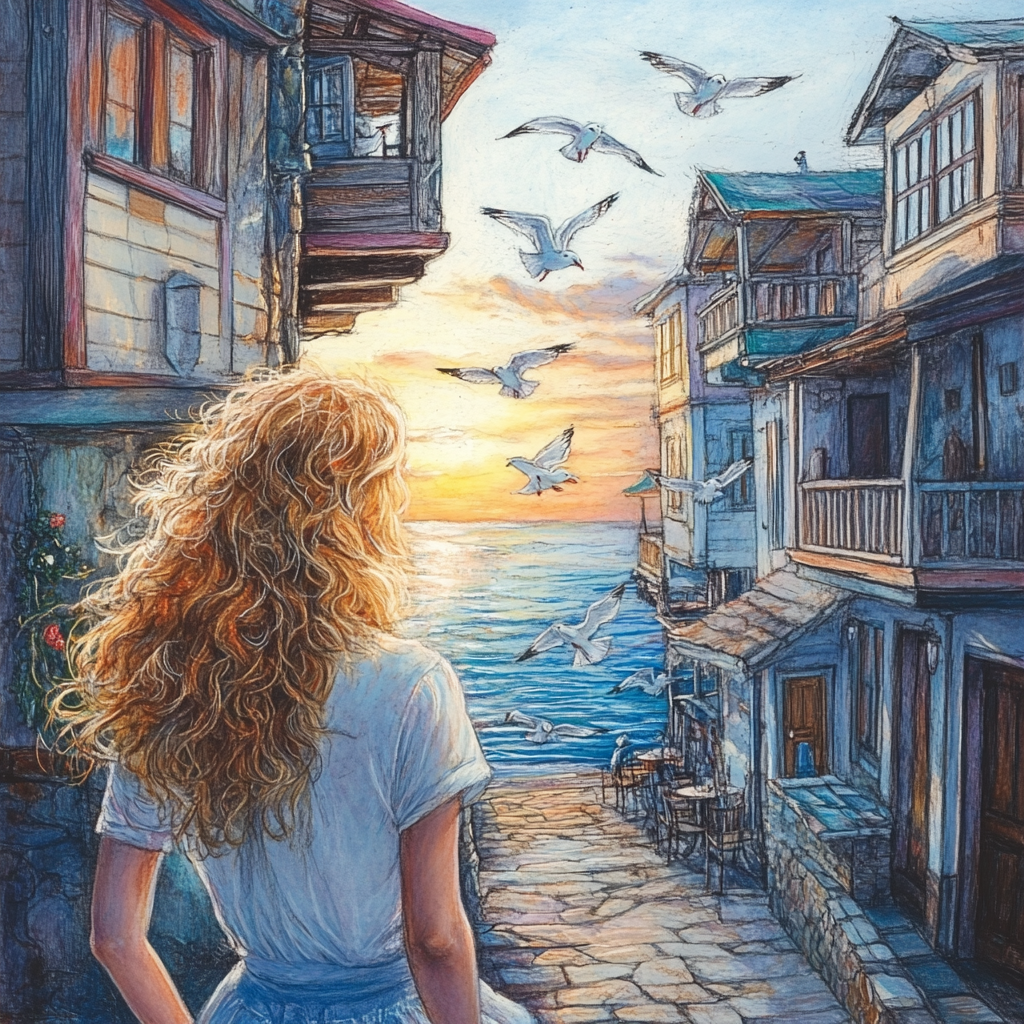 Curly blonde woman strolling in fishing village at sunset.