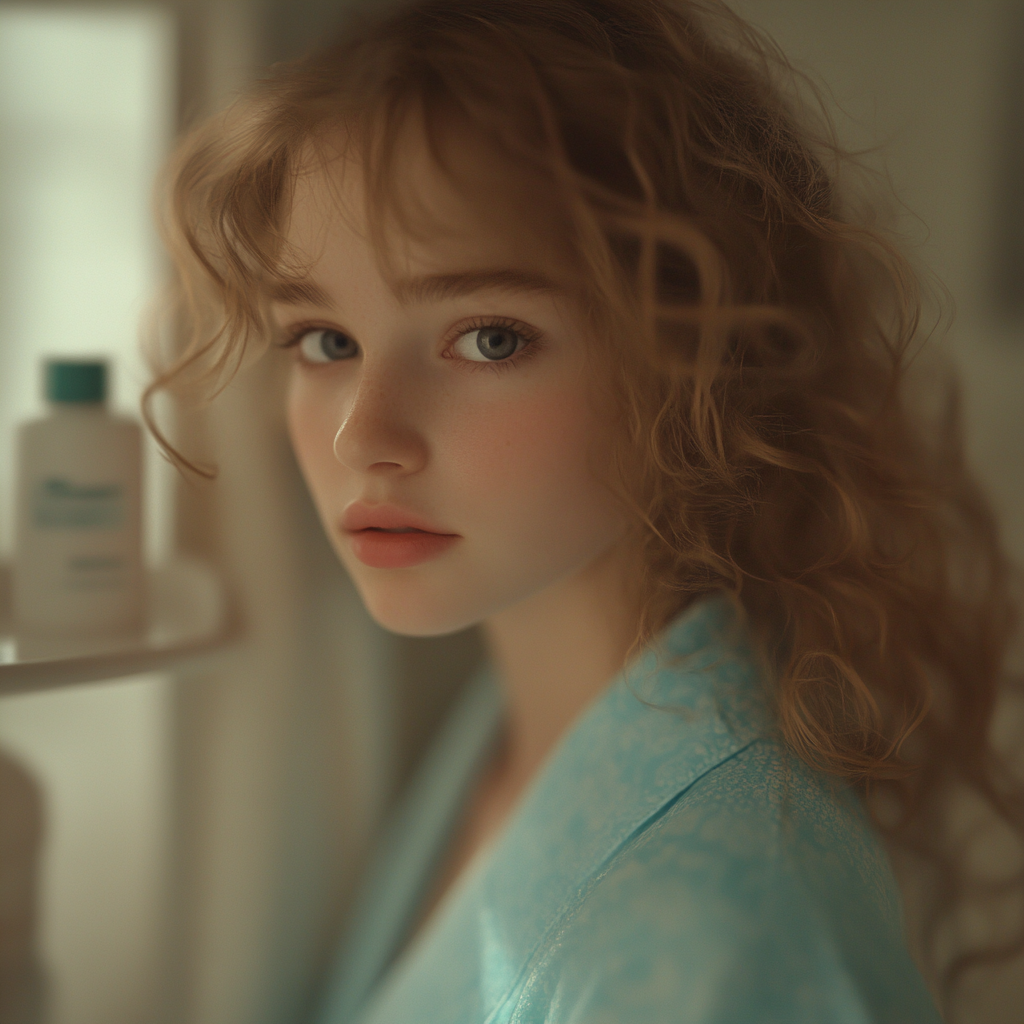 Curly-haired girl in robe in bathroom