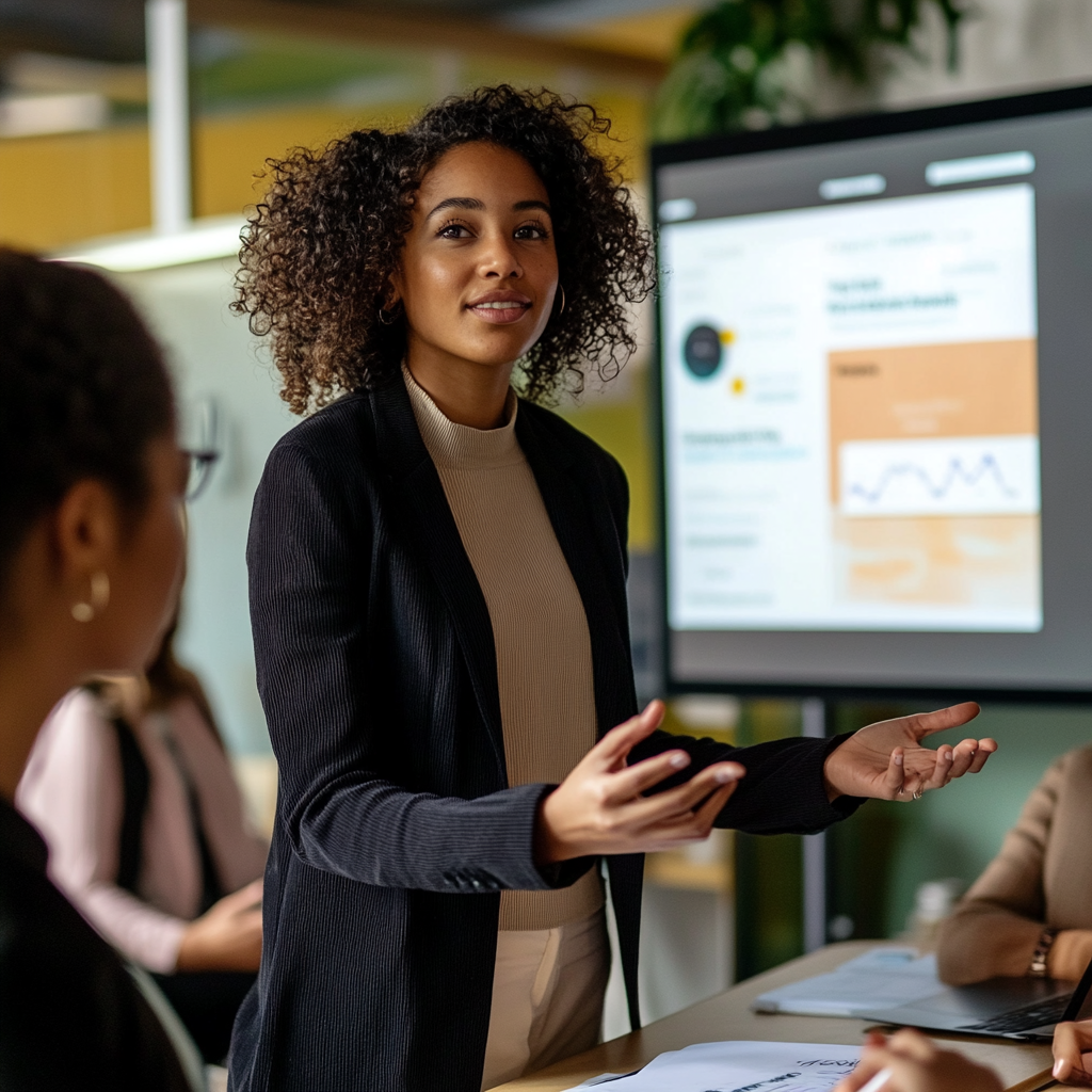 Curly-haired woman presenting to diverse colleagues on sales platform