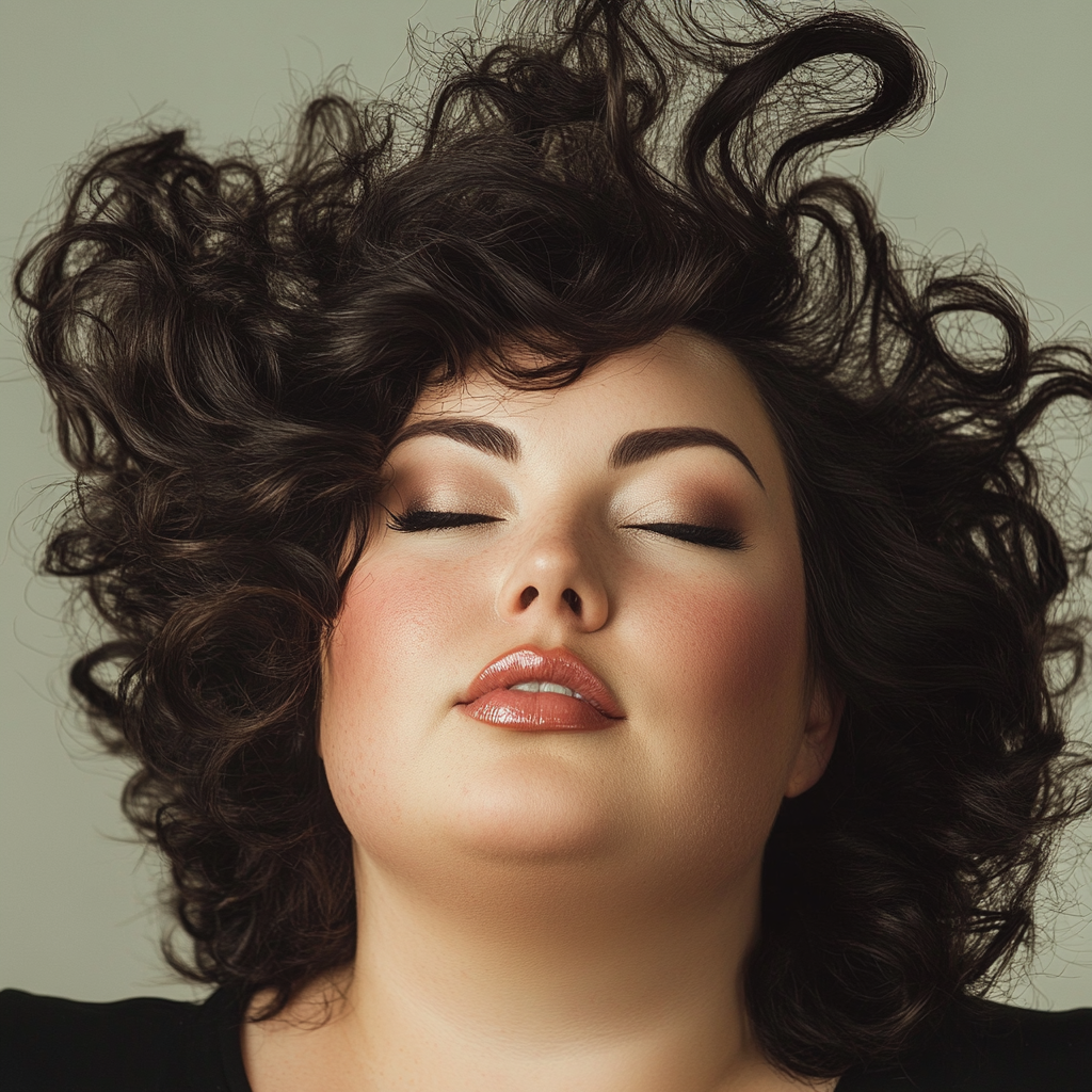 Curly-haired woman with cat-eye glasses fixes her hair.