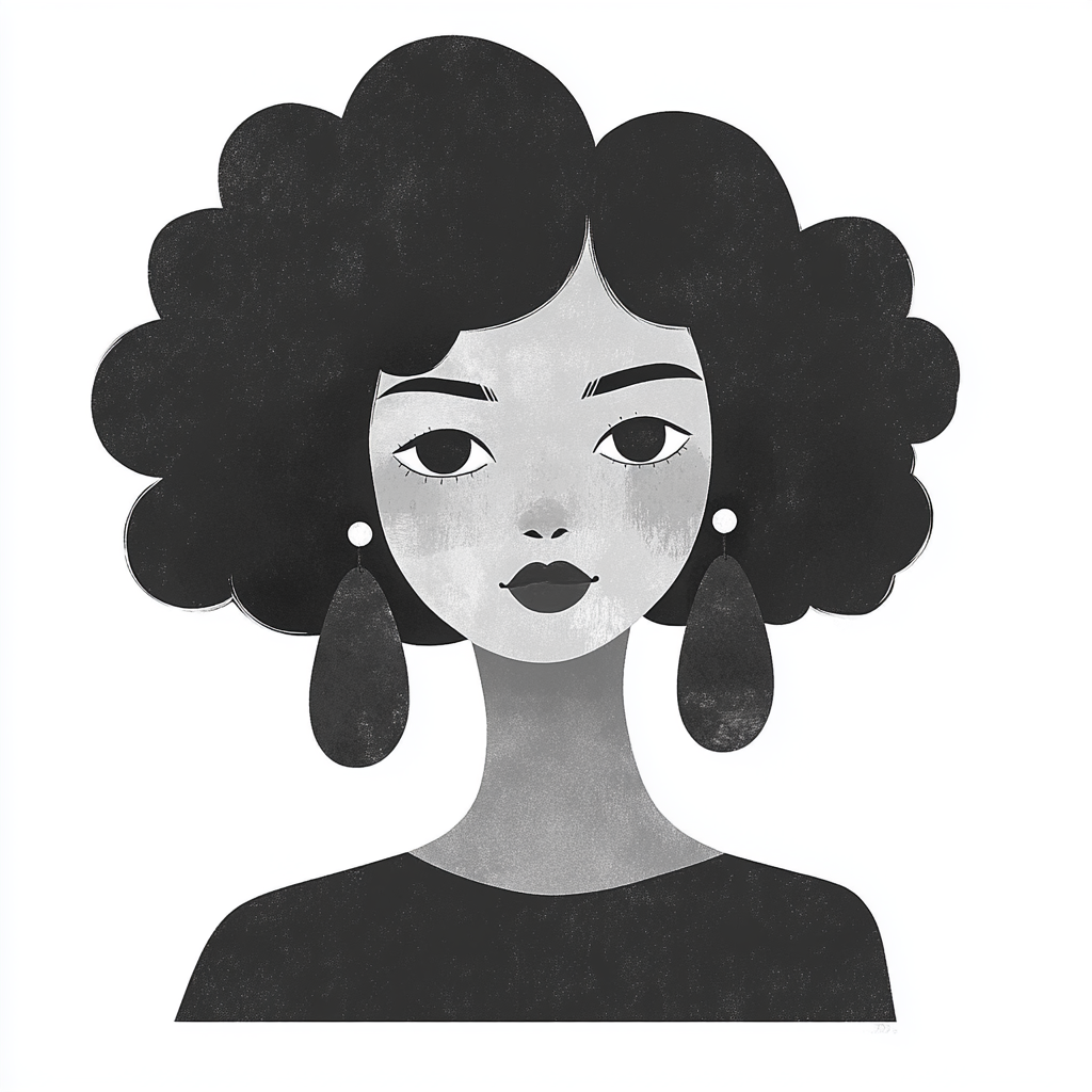 Curly-haired woman with large earrings in simple design