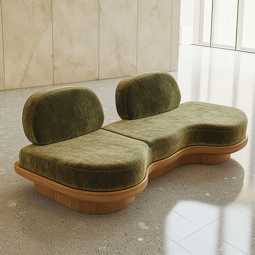 Curved olive green sofa in minimalist office space.