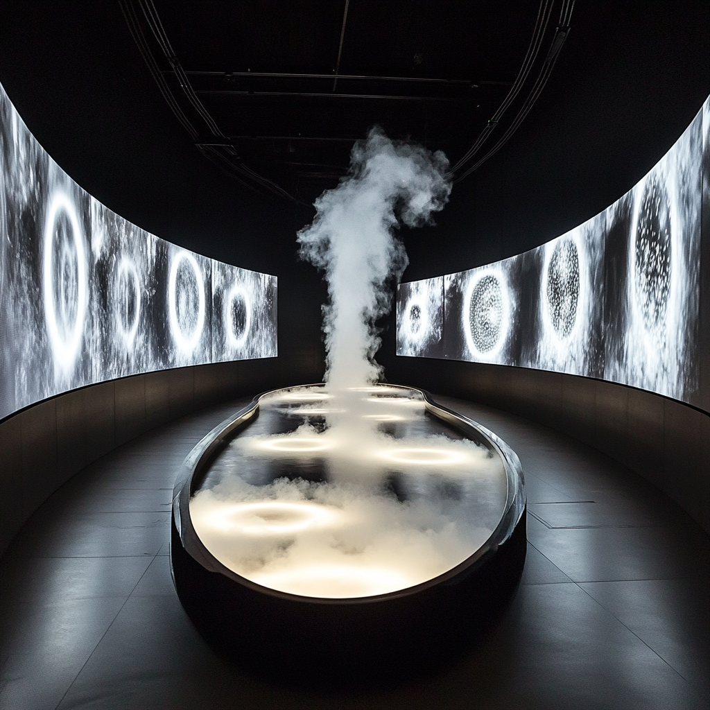 Curved tunnel with video walls, smoke rings, patterns.