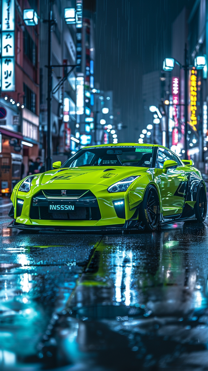 Custom Lime Green Nissan GTR R35 in Tokyo Night