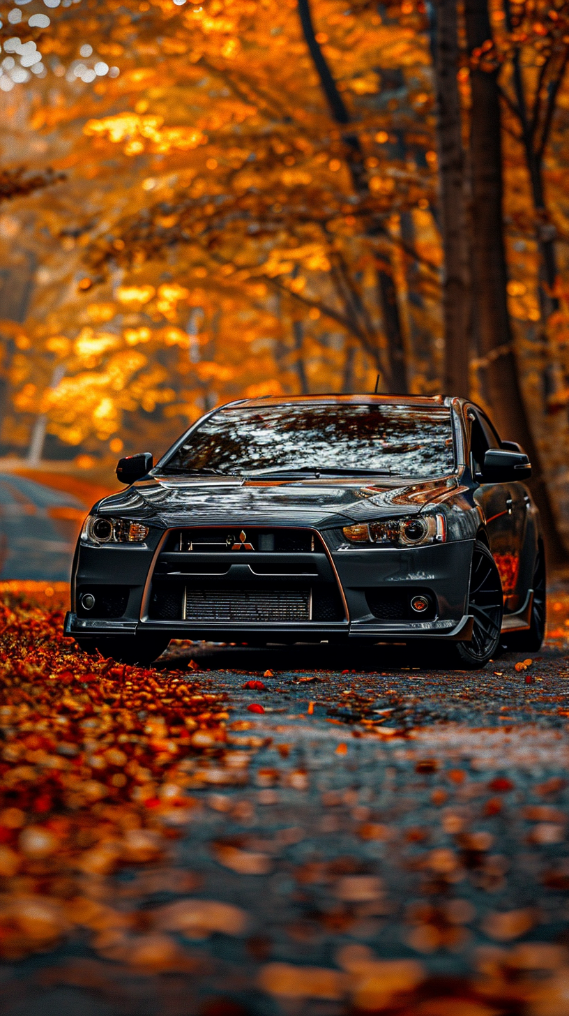 Custom Widebody Lancer Evolution X on Autumn Jungle Road