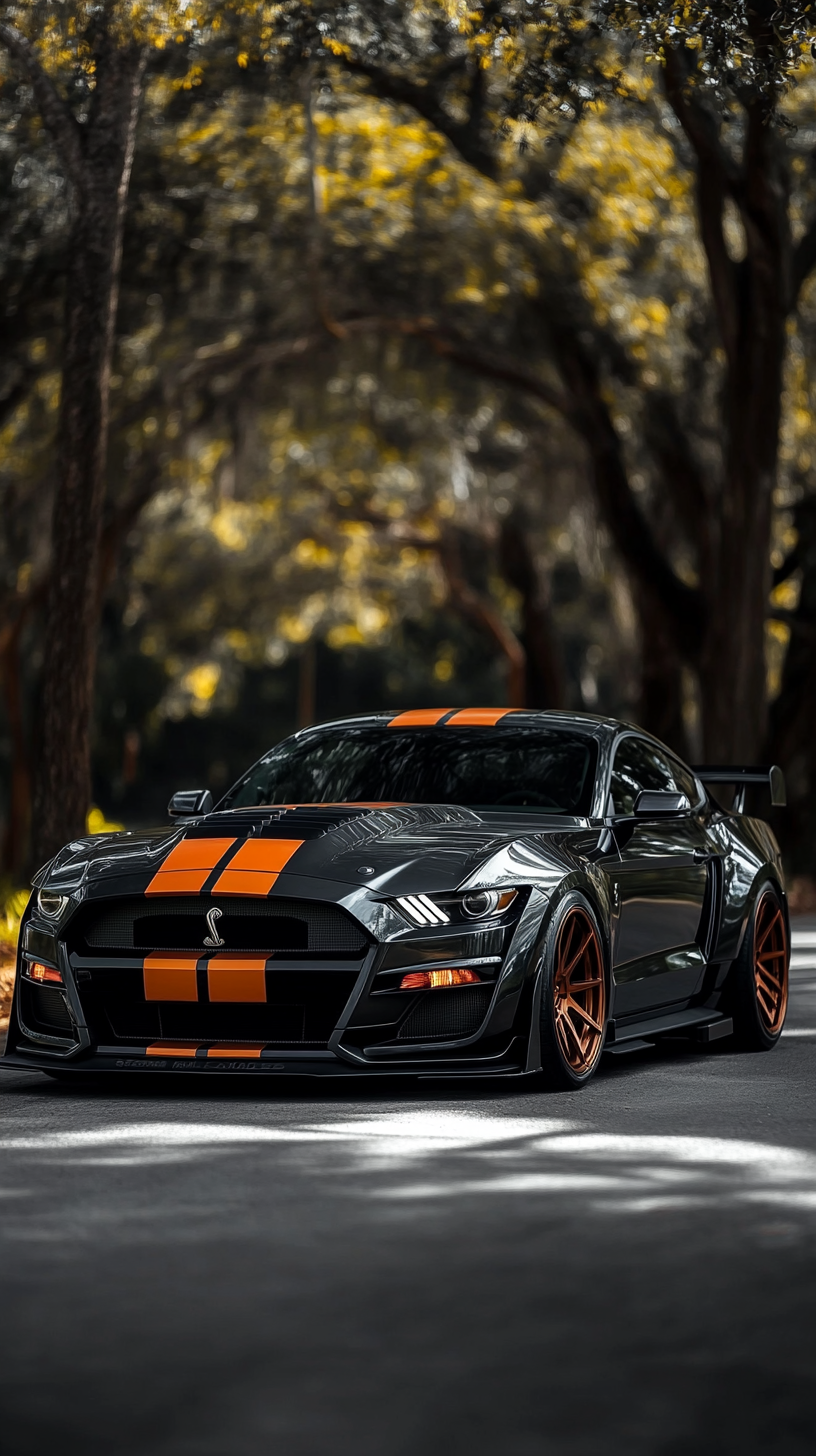 Custom bodykit Ford Mustang car in black and orange