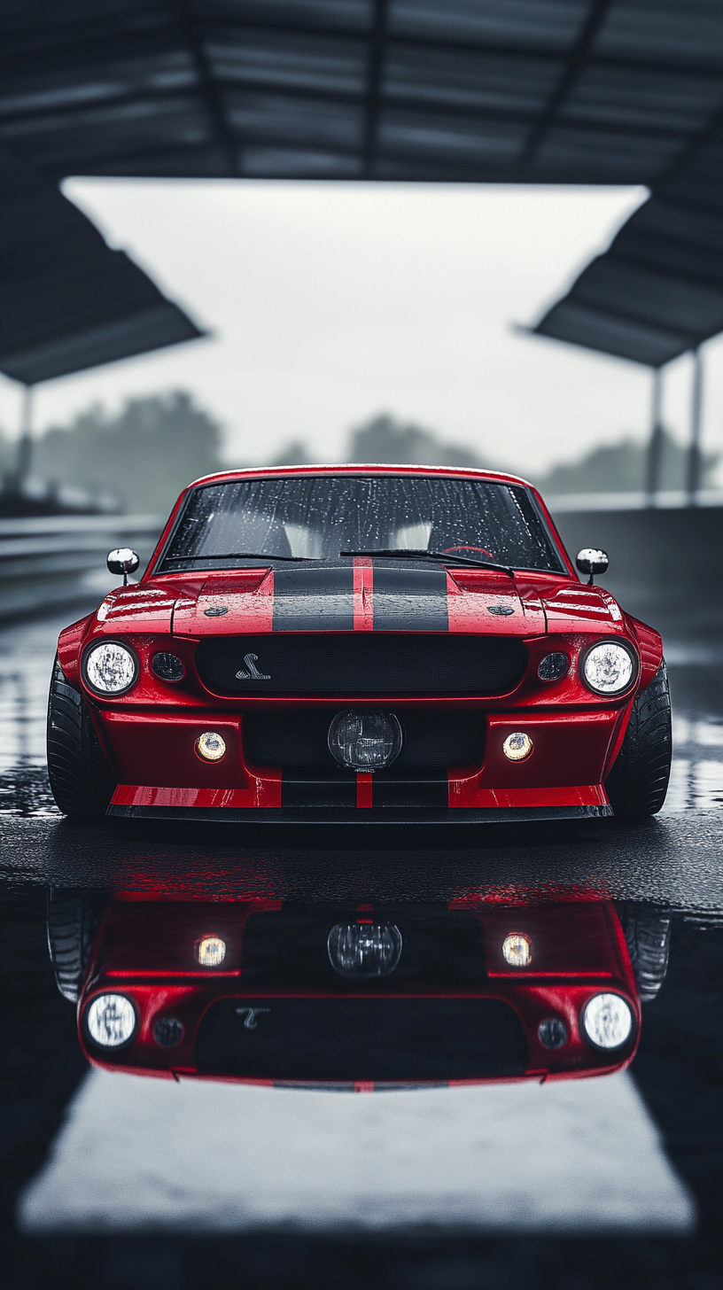 Custom red Ford Mustang front view on racing track.