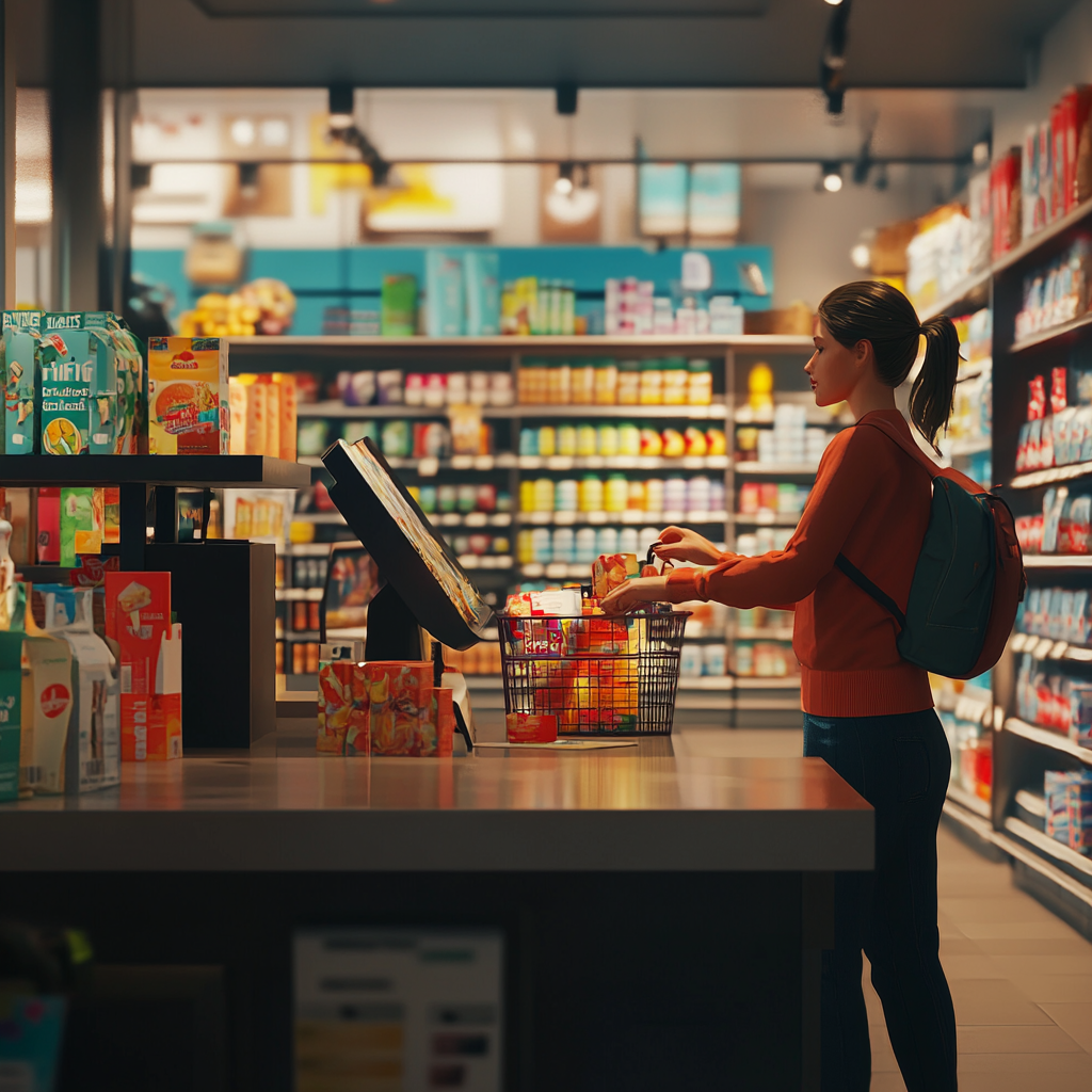 Customer's view at store checkout with warm cashier