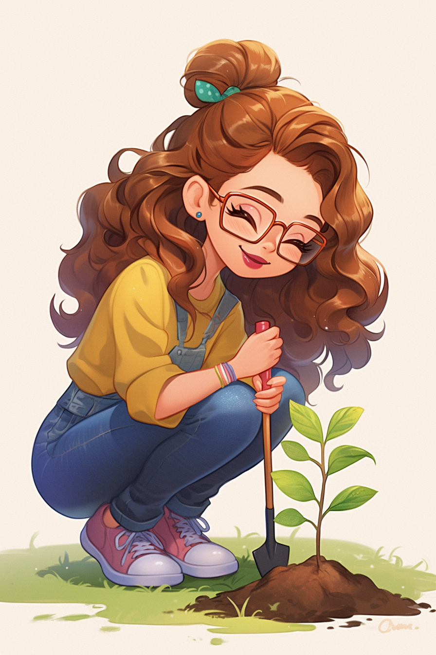 Cute, Smiling Girl in Kawaii Style, Planting Seeds