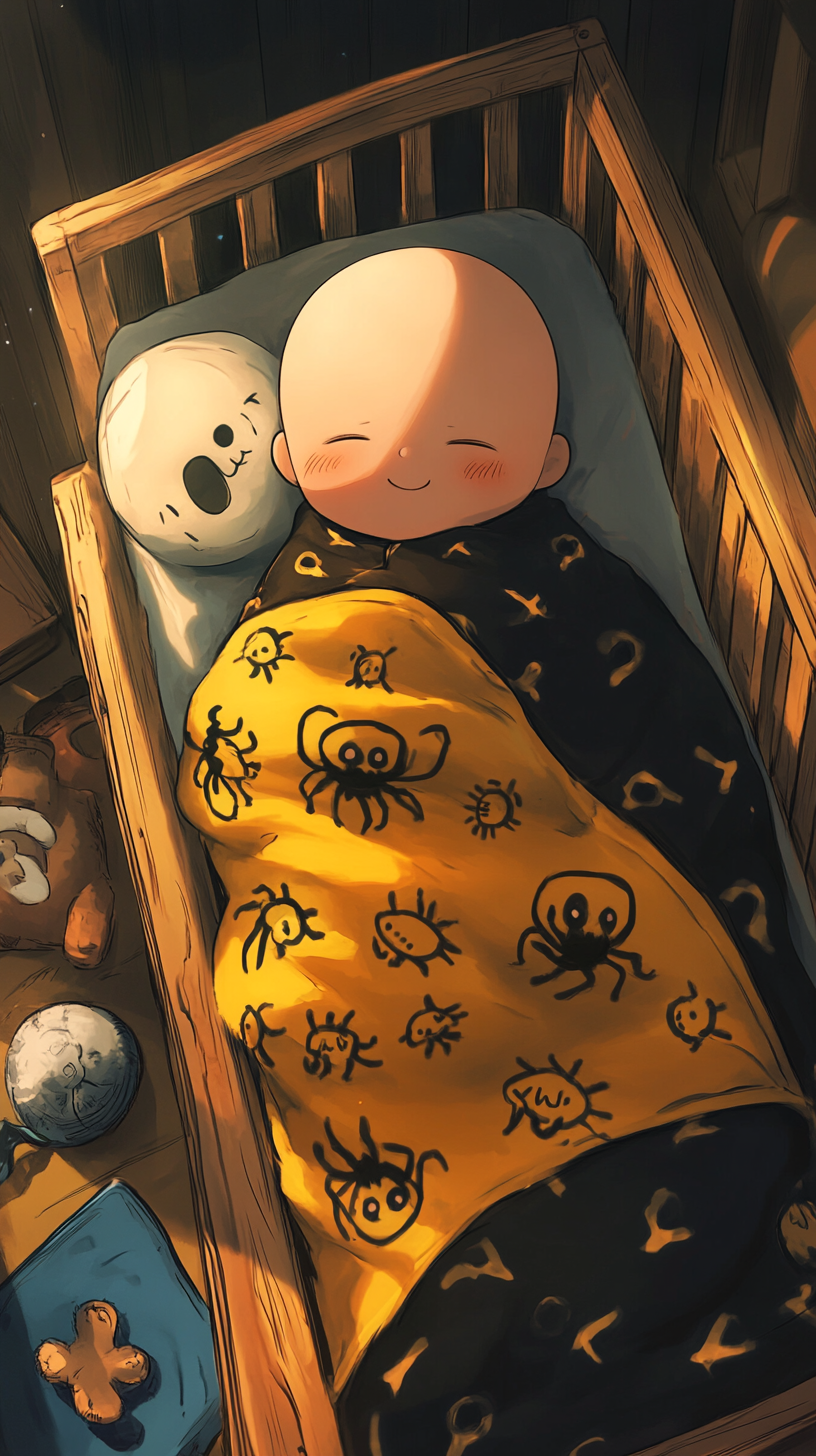 Cute Baby Koro-sensei peacefully sleeping in crib.