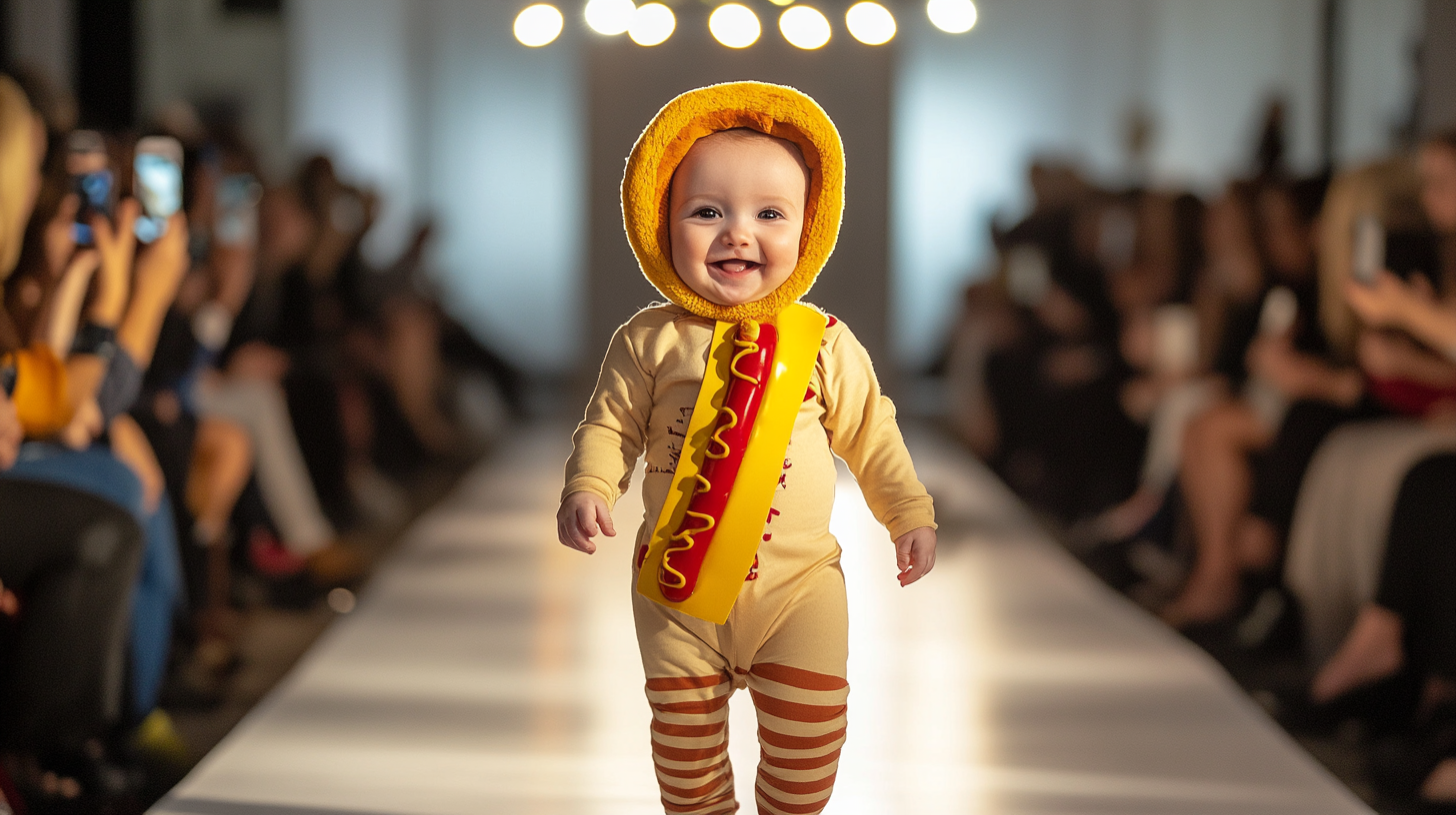 Cute Baby Walking on Hot Dog Runway 