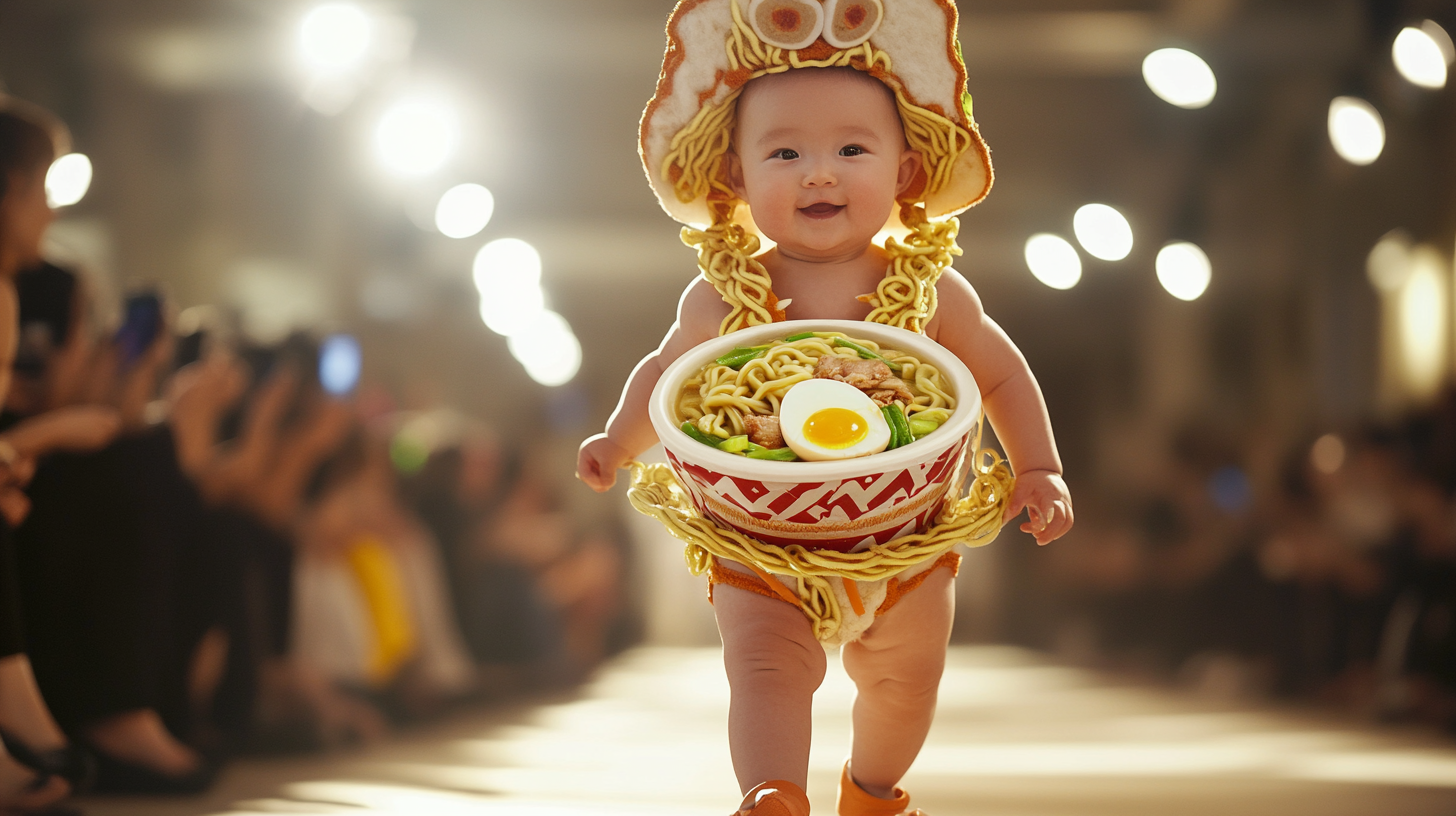 Cute Baby in Ramen-Themed Runway Outfit, TikTok Ready