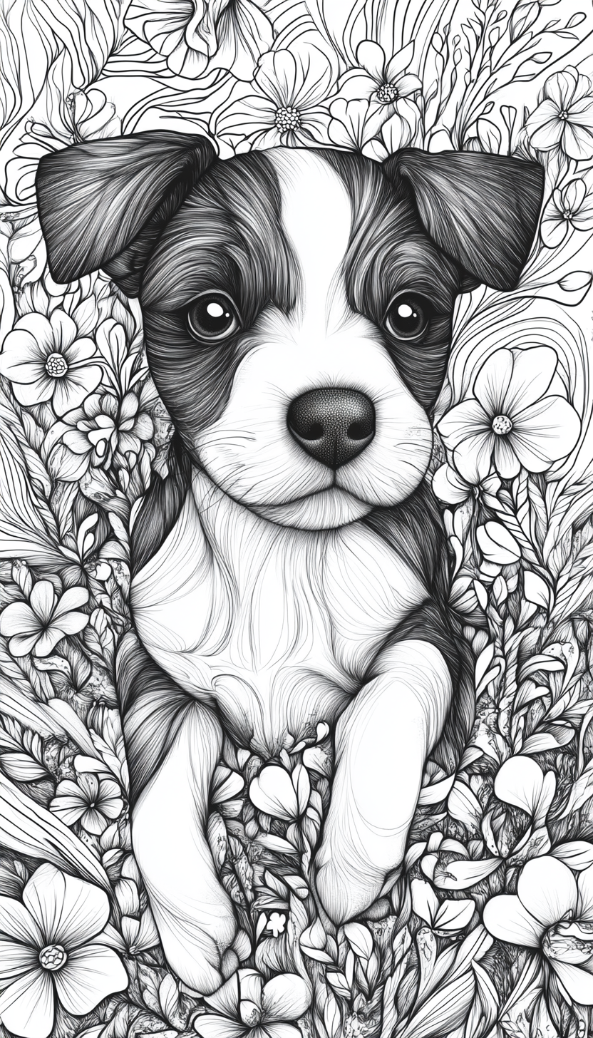 Cute Blue Heeler Puppy Coloring Page in Field of Flowers