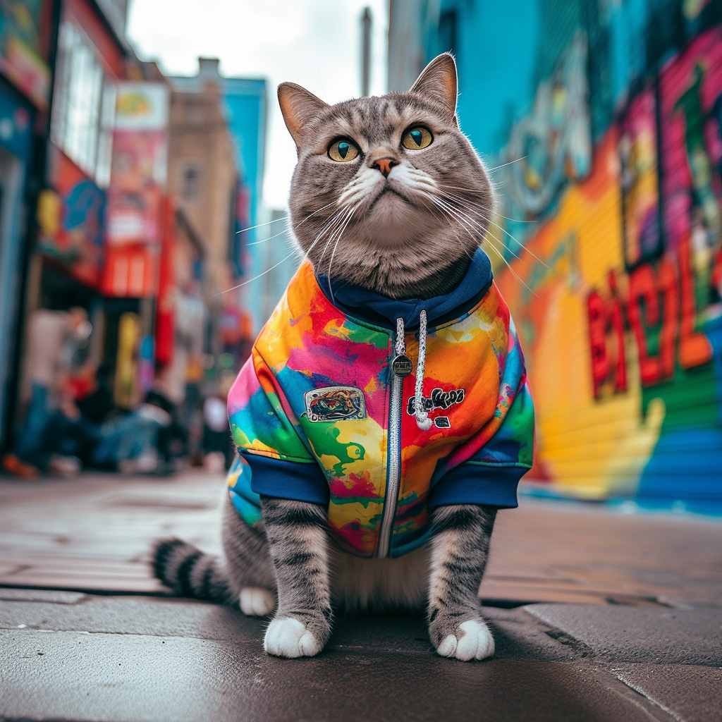 Cute British Shorthair cat in trendy outfit.