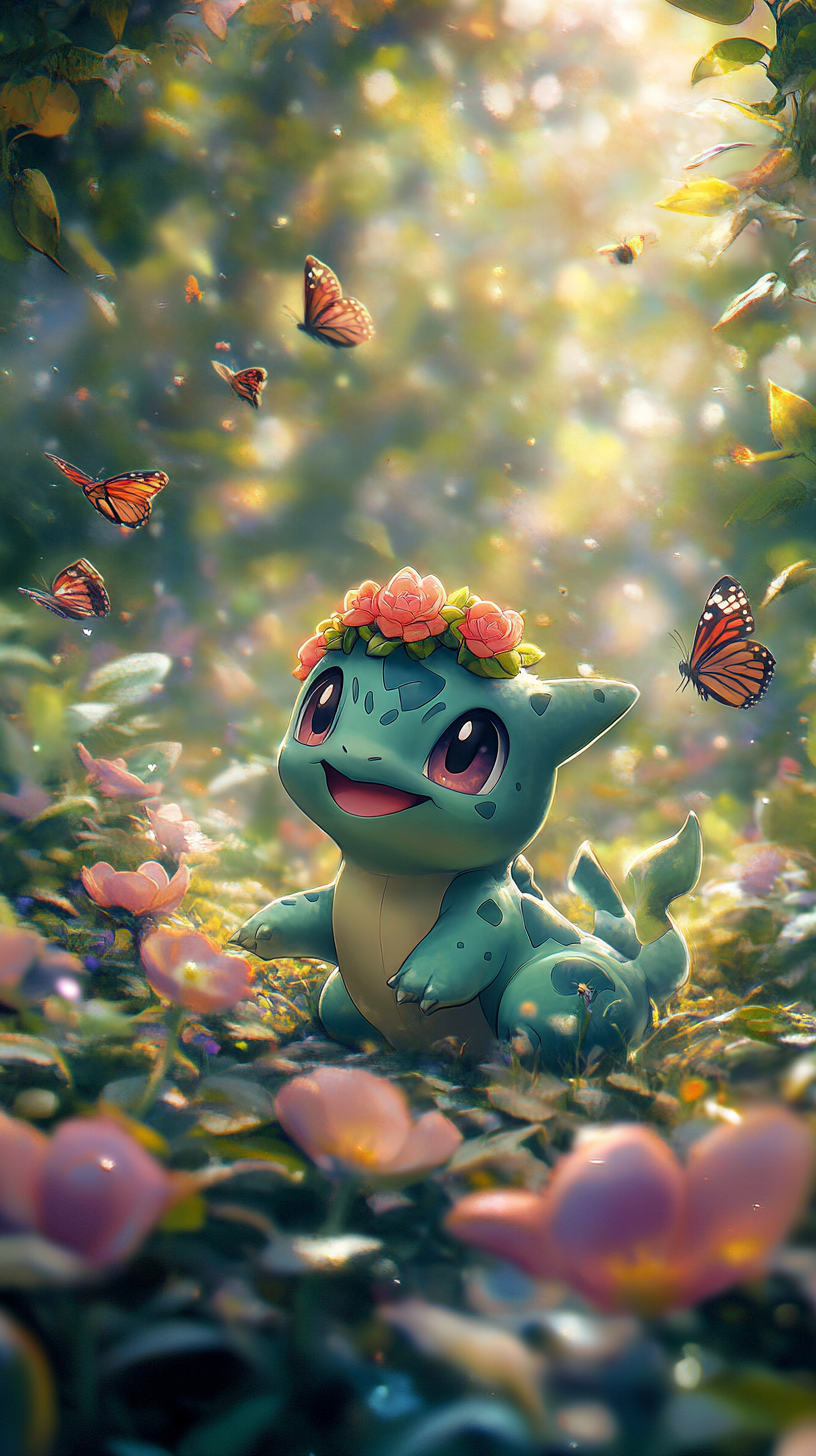 Cute Bulbasaur plays in colorful garden with butterflies.