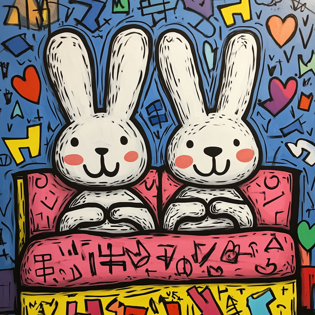 Cute Bunnies in Bed, Keith Haring Style Graffiti - s 250