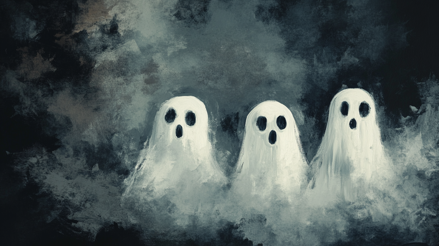 Cute Cartoon Style Ghosts Acrylic Painting on Black Backdrop