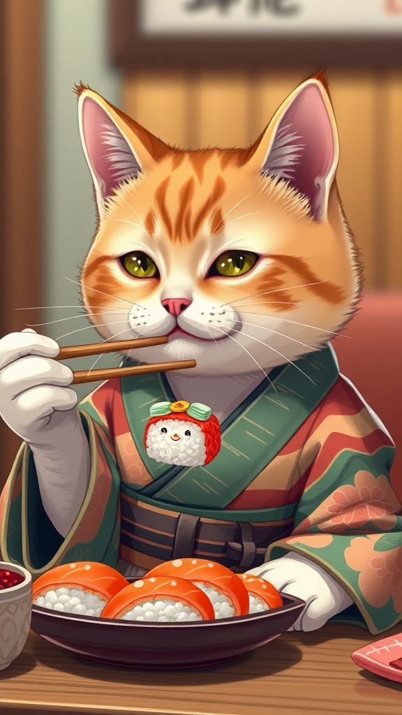 Cute Cat Eating Sushi in Colorful Kimono