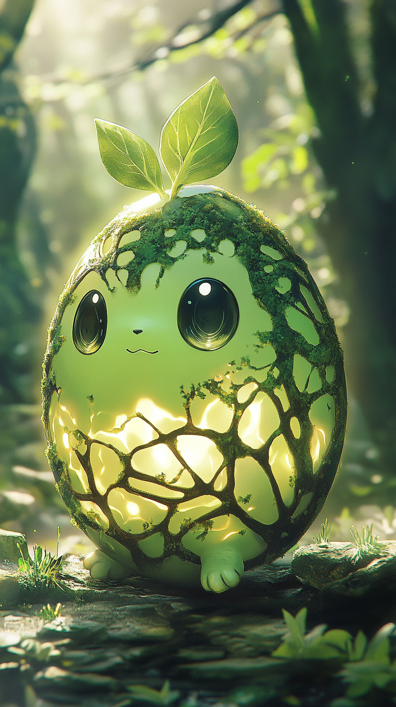 Cute Chikorita hatching from enchanted egg in forest.