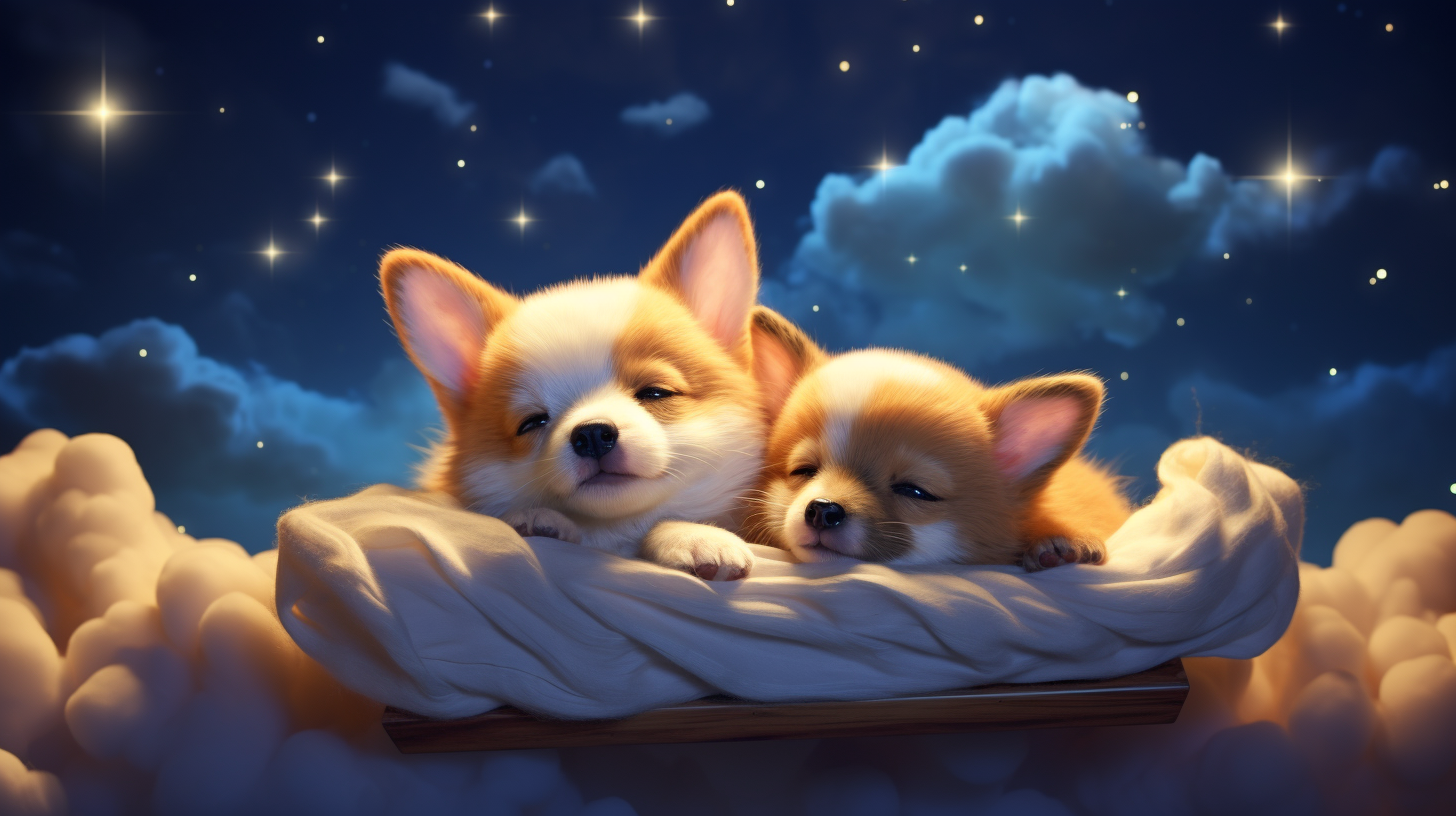 Cute Corgi Puppies Sleeping on Clouds Anime Style