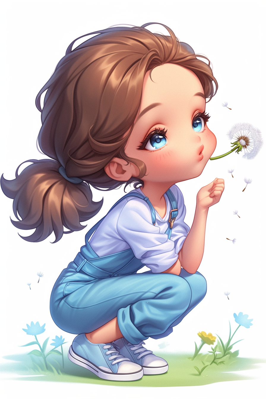 Cute Fashion Girl Blowing Dandelion in Kawaii Style