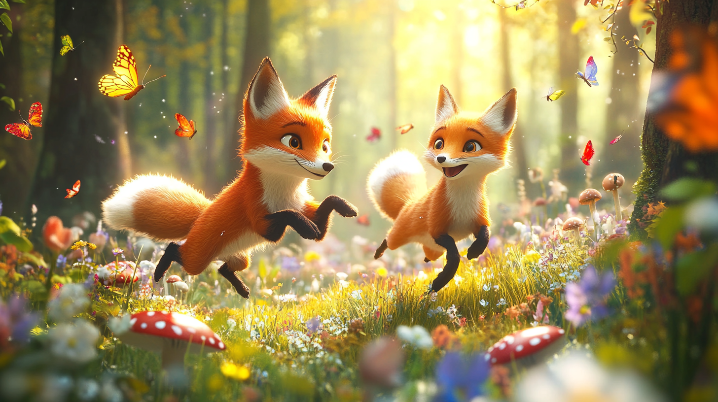 Cute Fox Friends Playing in Colorful Forest