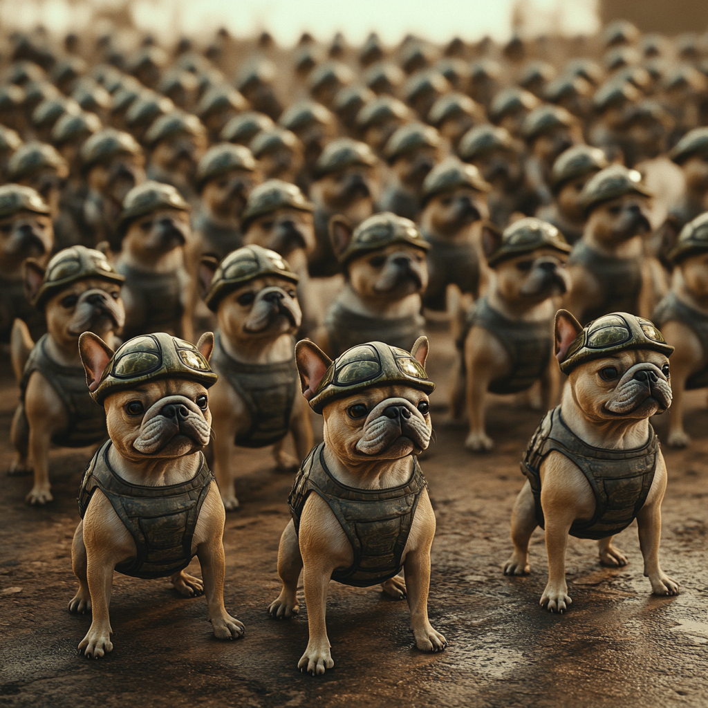 Cute French bulldogs in formation wearing helmets