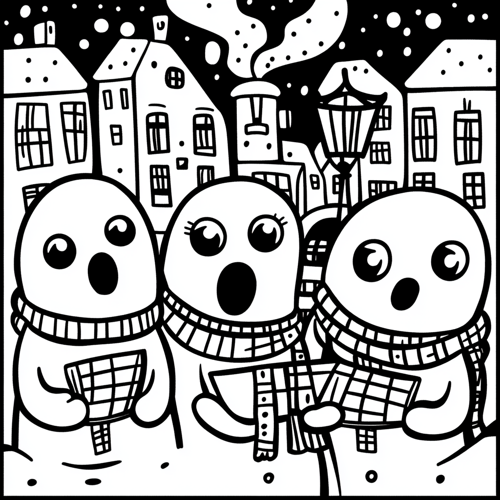 Cute Ghost Carolers in Snowy Town Scene