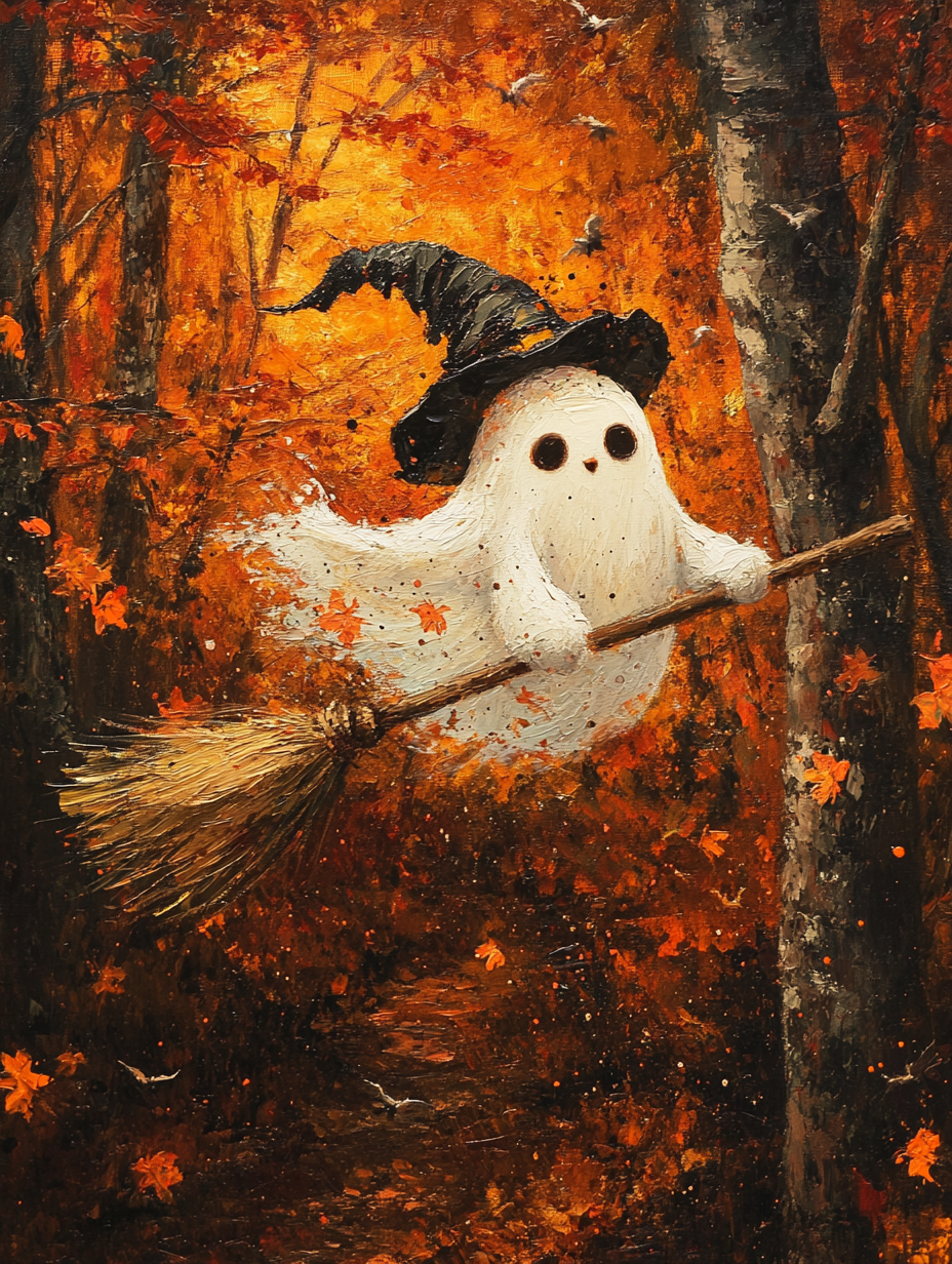 Cute Ghost on Broomstick in Autumn Forest - Oil Painting