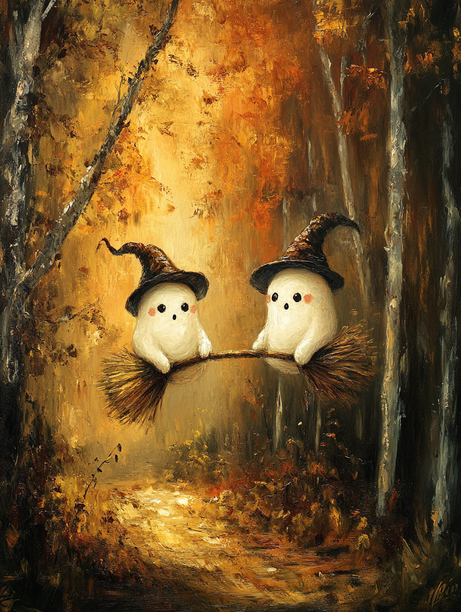 Cute Ghosts Flying on Broom in Autumn Forest Oil Painting